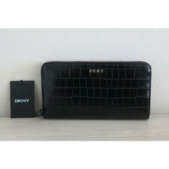 DKNY Black Croc Embossed PU Leather Vela Large Zip Around Wallet $128 - Picture 4 of 12